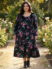VTG 90s Jamie Brooke Dark Floral Crushed Velvet Midi Dress Sz 16 Whimsigoth Y2K