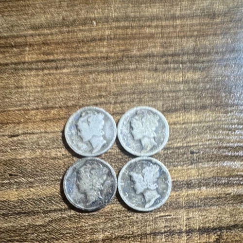 Lot of 4 Mercury Dimes 1916-1945 US Silver Coins Circulated 10C .900 Fineness