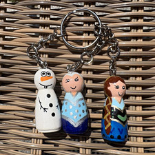 Wooden Character Doll Keyring - 3 Painted Figures, Multi Colour, Split Ring