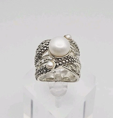 CFJ Sterling Silver Vintage Weaved Band 9mm Pearl Ring Size 7.5