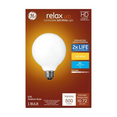 GE 41835 Relax LED G30 Vanity Globe, frosted, Soft White 2700K, 6 watt, 500