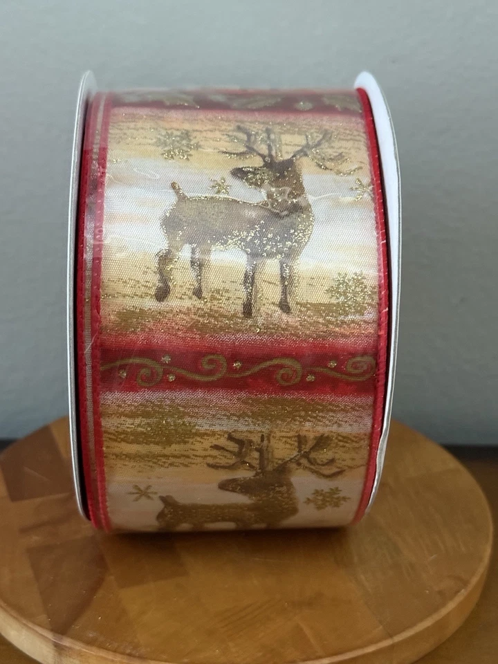 VTG Celebrate It Wired Christmas Ribbon Reindeer Deer Gold Glitter Snowflake Red - Image 3 of 4