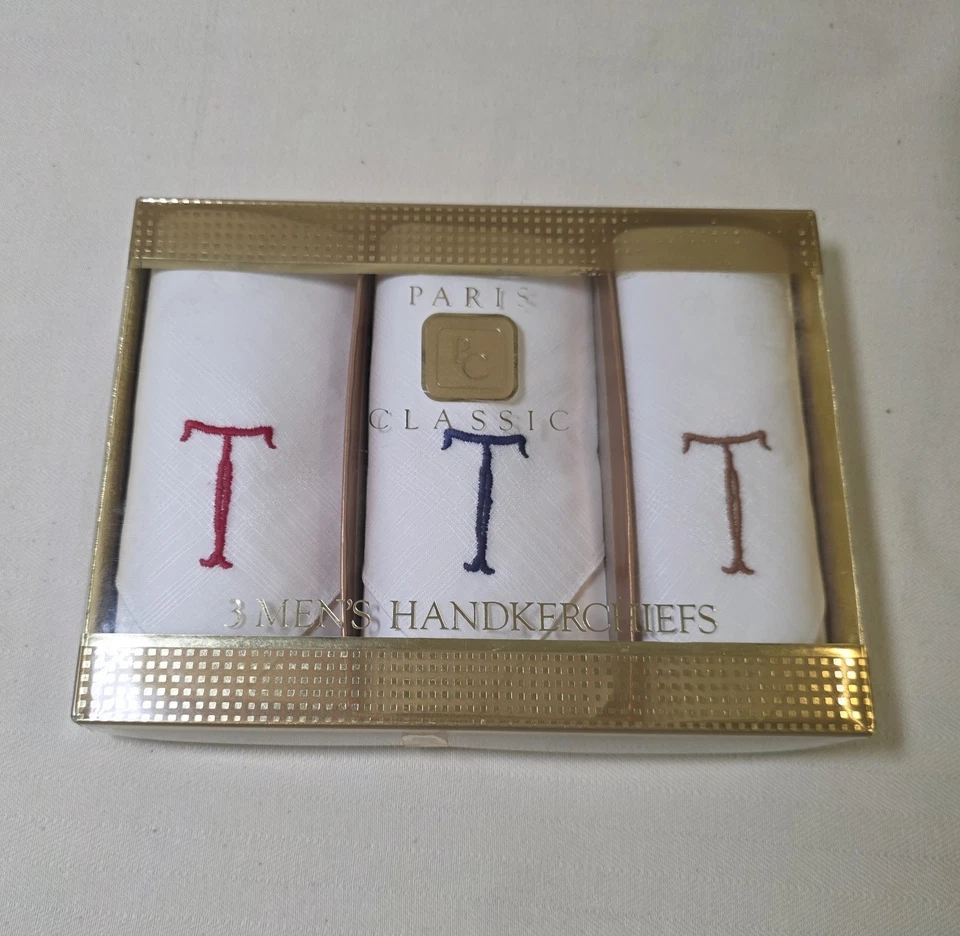 复古 Monogrammed 手帕 初始 T Hanky 3 件套 男式 巴黎经典 全新 — 第 3/4 张图片
