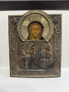 VERY RARE - ANTIQUE 19C RUSSIAN METAL PAINTED ICON OF THE CHRIST GRIMM EYE