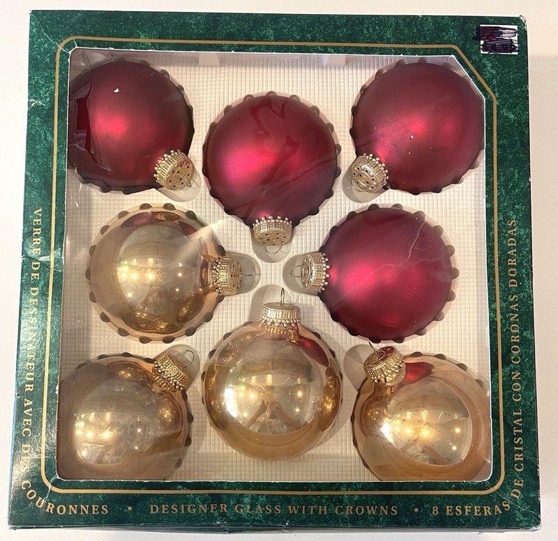 8 Christmas by Krebs Red and Gold Ornaments with Original Box