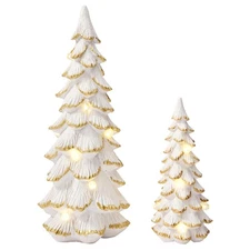 Christmas Trees Figurine White Light Up, 2Pcs Christmas Tree Lighted, Resin M...