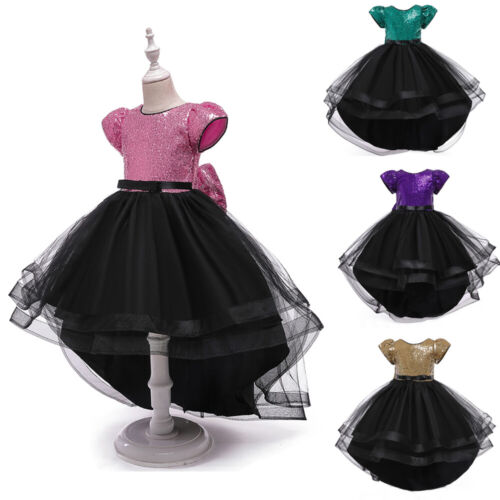 Kids Girls Formal Sequins Bow Bridesmaid Wedding Princess Tulle High Low Dresses - Foto 1 di 58