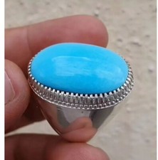 Natural Blue Turquoise Men Ring Big Feroza Stone Sterling Silver In 925