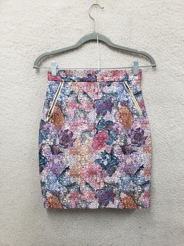 H M Women Skirt 4 Pink Floral Print Poly Blend Straight Pencil Mid Rise Mini Fit