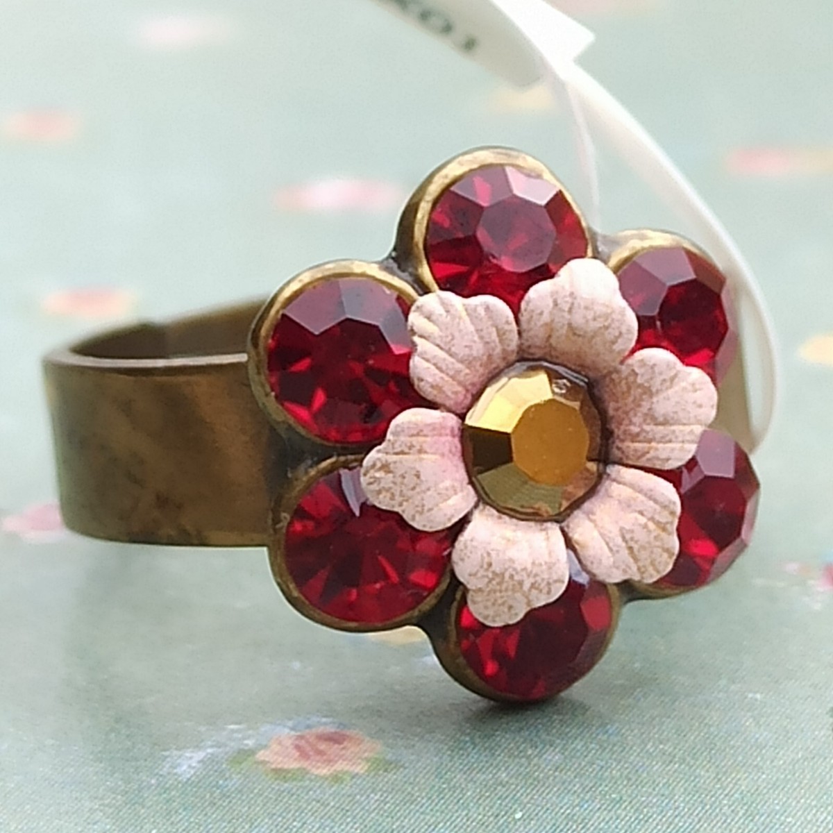Michal Negrin Ring Red Pink Flower Adjustable and Swarovski