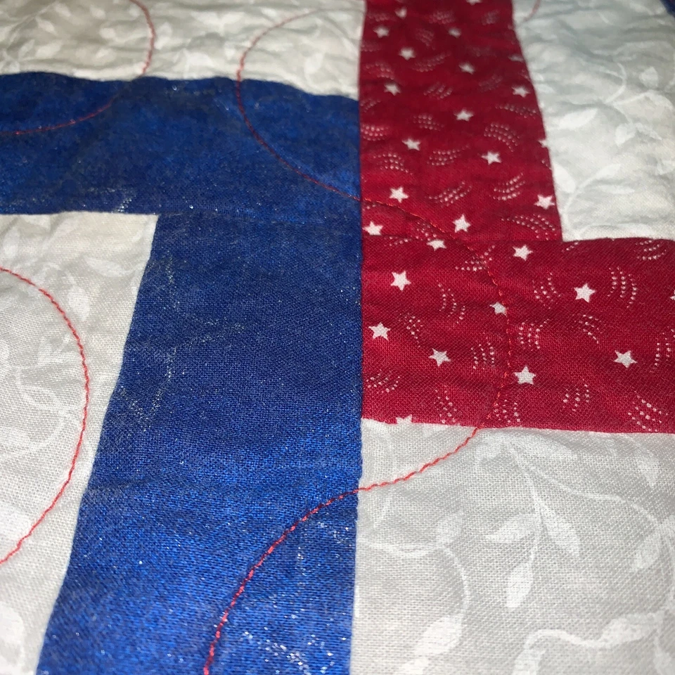 True Handmade Southern  Quilt Fence rail PATTERN Red Blue White 56x 64 Patriotic - Image 3 of 4
