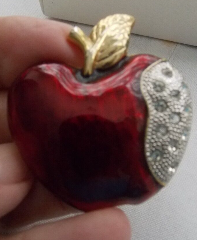 Gold & Silver Tone Rhinestone Red Shiny Apple Fruit Brooch Pin
