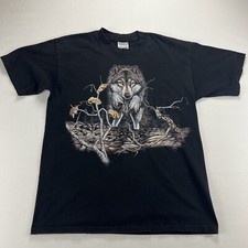 Vintage 90 s Wolf Nature Forest T-Shirt Sz L Black From Back Print 100 Cotton