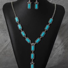 Imitation Turquoise Stone Necklace Earring Set Boho Silver Tone