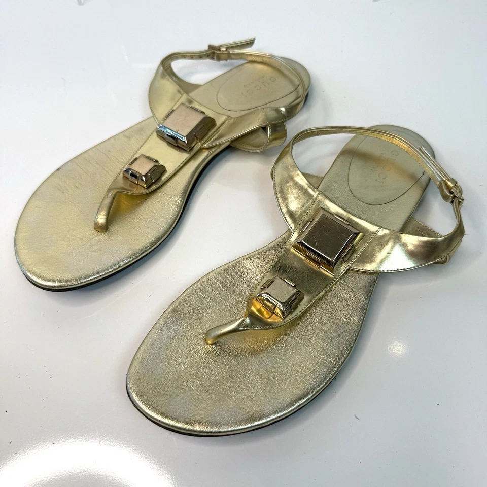 Gucci Size 37 7 Gold Leather Strappy Flat Vintage Sandals - Image 3 of 4