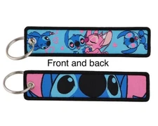 Kawaii Stitch Angel Love Keychain Embroidered Tag  5” Ohana Key Ring Bag Charm