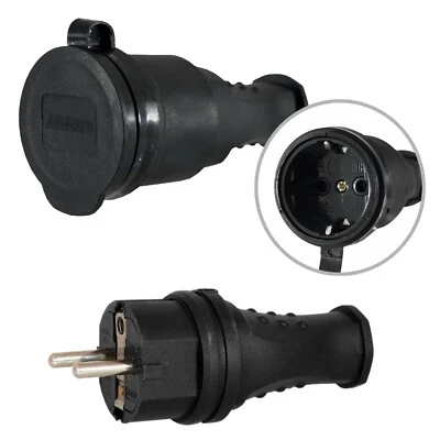 ADELID® Schuko Gummistecker IP44 Stecker und Kupplung Set 230V 16A IP44 Gummi 277/279-DE