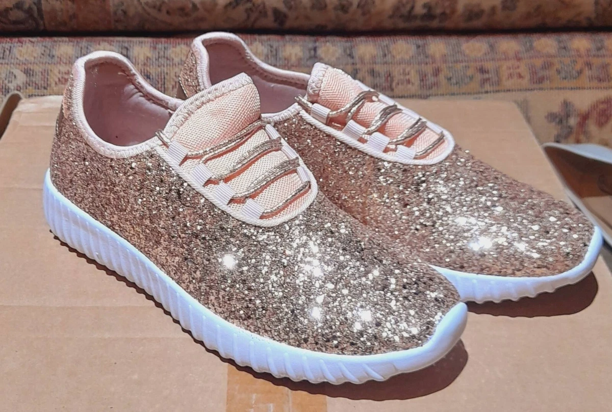 Womens Lightweight Sneaker Walking Fashion Shoes Glitter Rose Gold All Sizes