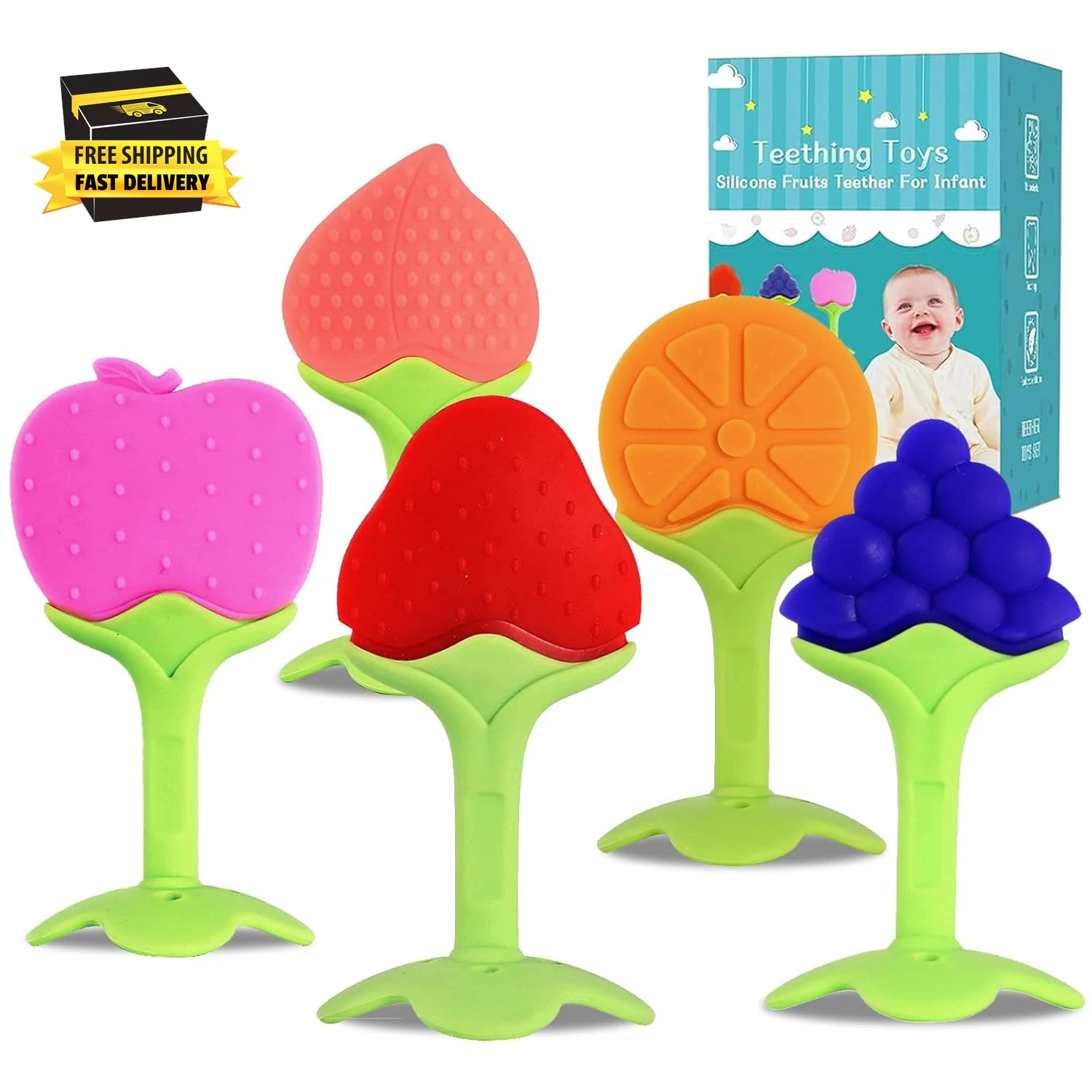 5 PCS Baby Teething Toys, Soft Fruit Teething Toys for Babies 0-6 Months 6-12 M