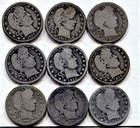 Barber Quarters, Lot of 9 different coins
