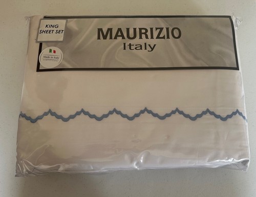 MAURIZIO ITALY KING Sheet Set 4pc Italian Embroidery White Blue