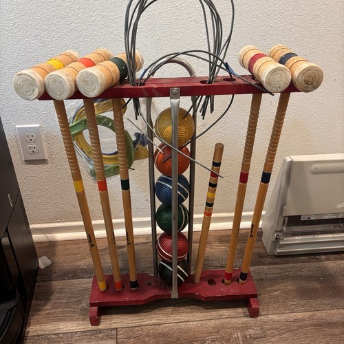 Vintage Sportcraft Croquet Set Complete w/ Stand 5 Players Made in USA 25”