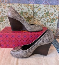 Tory Burch Shoes Julianne Python Embossed Leather Peep-toe Wedge Size 7.5