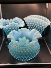 Fenton Glass Blue Opalescent Hobnail Fan Vase & Trumpet Vase & Ruffle Edge Vase