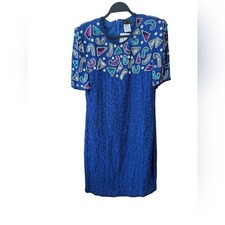 Vintage 80s Eve's Allure Beaded Sequin Silk Party Cocktail Dress Size Medium