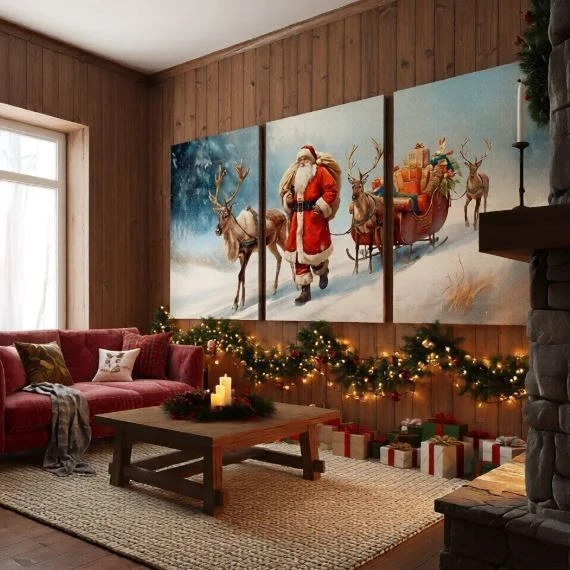 Vintage Santa and Reindeer Wall Art Print,  Cozy Holiday Home Digital Download - Image 2 of 4