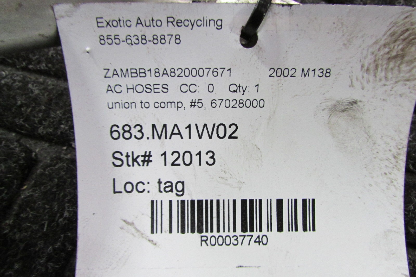 Maserati Coupe, Spyder, A/C Hose, Union To Compressor, Used, P/N 67028000