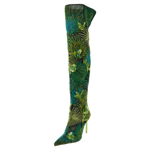 Versace Black Mesh And Green Embroidered Bead Jungle Print Over The Knee Boot...