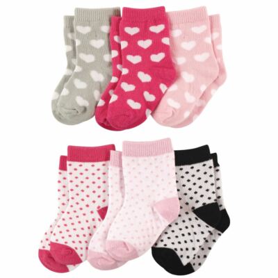 Luvable Friends Crew Socks, 6-Pack, Hearts and Polka Dots