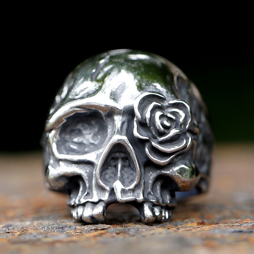 Gothic Rose Flower Gold Skull Ring Stainless Steel Men's Evil Skull Biker  Ring