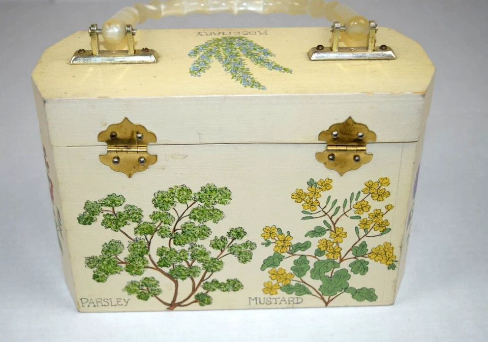 Caixa de ervas de madeira pintada à mão vintage anos 70 cabo acrílico forrado de feltro 8 x 5,5 x 3,5 - Imagem 4 de 4