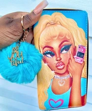Women Wallet Furball Keychain Coin purse Wallet Black Girl Wallet Ladies Wallet