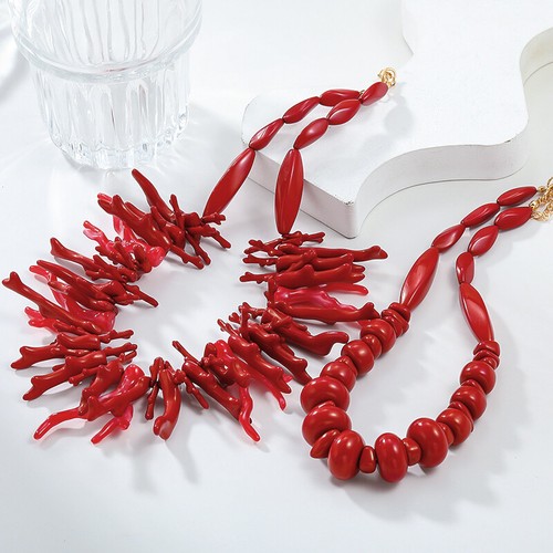 2Pcs Vintage Exaggerated Red Coral Necklace Fashion Boho Style Necklaces Gif GF - Picture 10 of 10