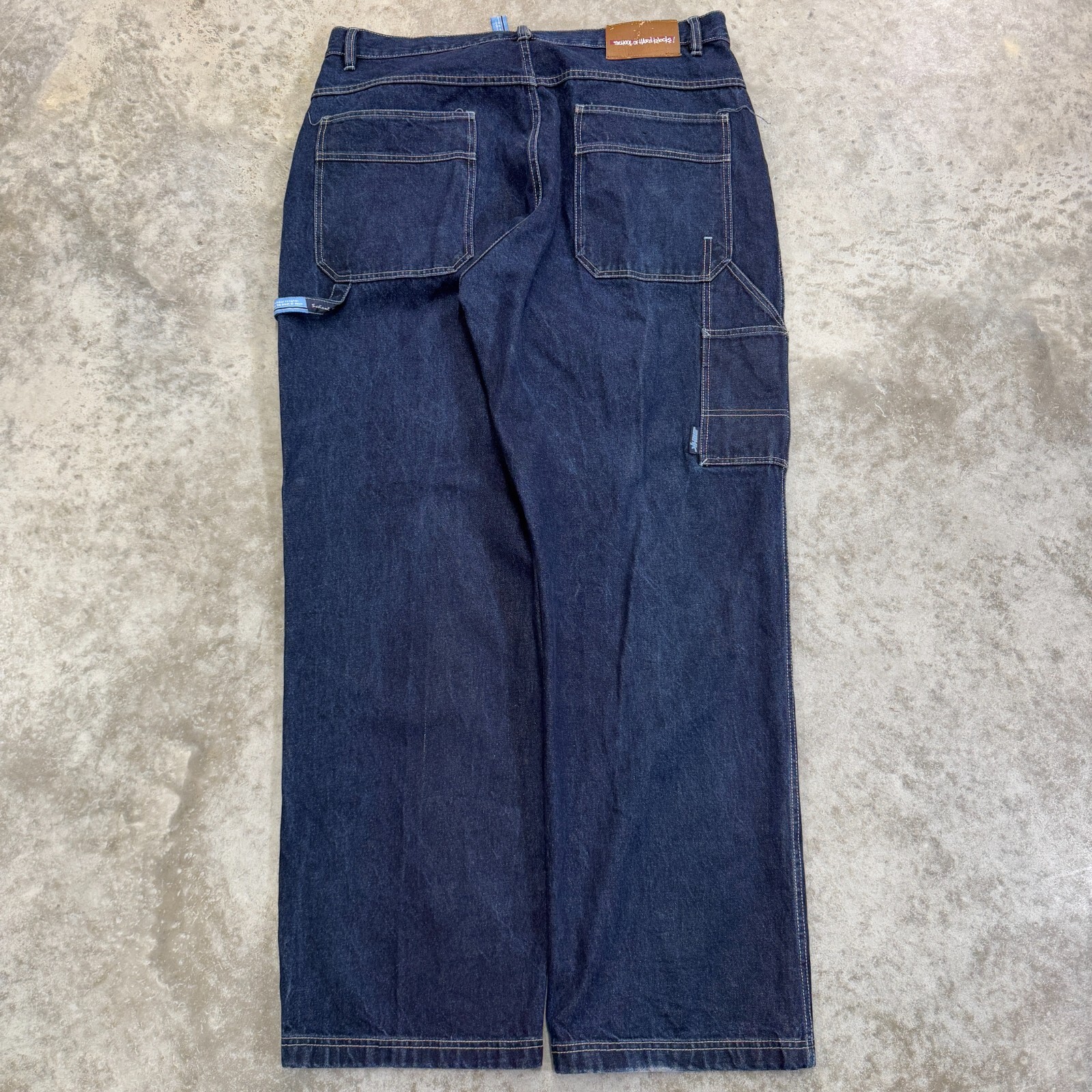 Y2K Baggy Wide Leg Jeans 38x34 School of Hard Knocks Hip Hop Embroidered Design