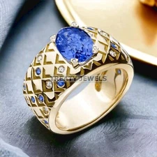 Blue Sapphire Oval Cut With 925 Sterling Silver Gold Plated Ring For Men #332