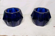 Set of 2 VTG Cobalt Blue Glass Votive Taper Candle Holders Geometric Convertible