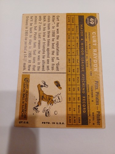 1960 Topps - Curt Raydon #49 - Piratas de Pittsburgh espalda blanca - Imagen 2 de 2