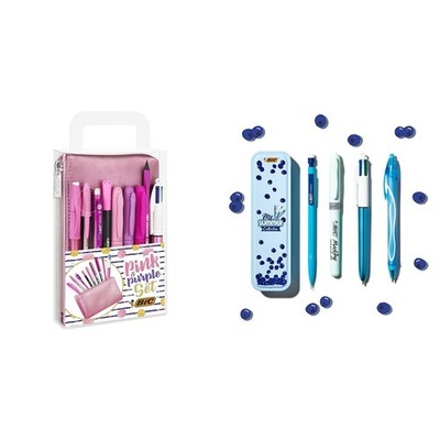 BIC Pink & Purple Set - 1 Pencil Case, 2 Ball Pens/1 Erasable Gel Pen/1 Graphite