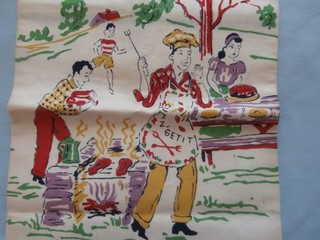 VINTAGE BARBECUE PICNIC FAMILY KITCHEN TEA TOWEL CRISPY
