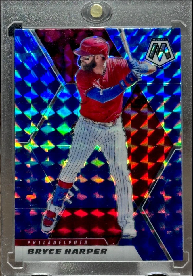 Bryce Harper RARO REFRACTOR AZUL MOSAICO PRIZM TARJETA DE INVERSIÓN PANINI PHILLIES Foto 2 de 4