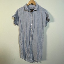 Tahari Linen Striped Shirt Dress Womens Small Blue White Short Sleeve Button Up
