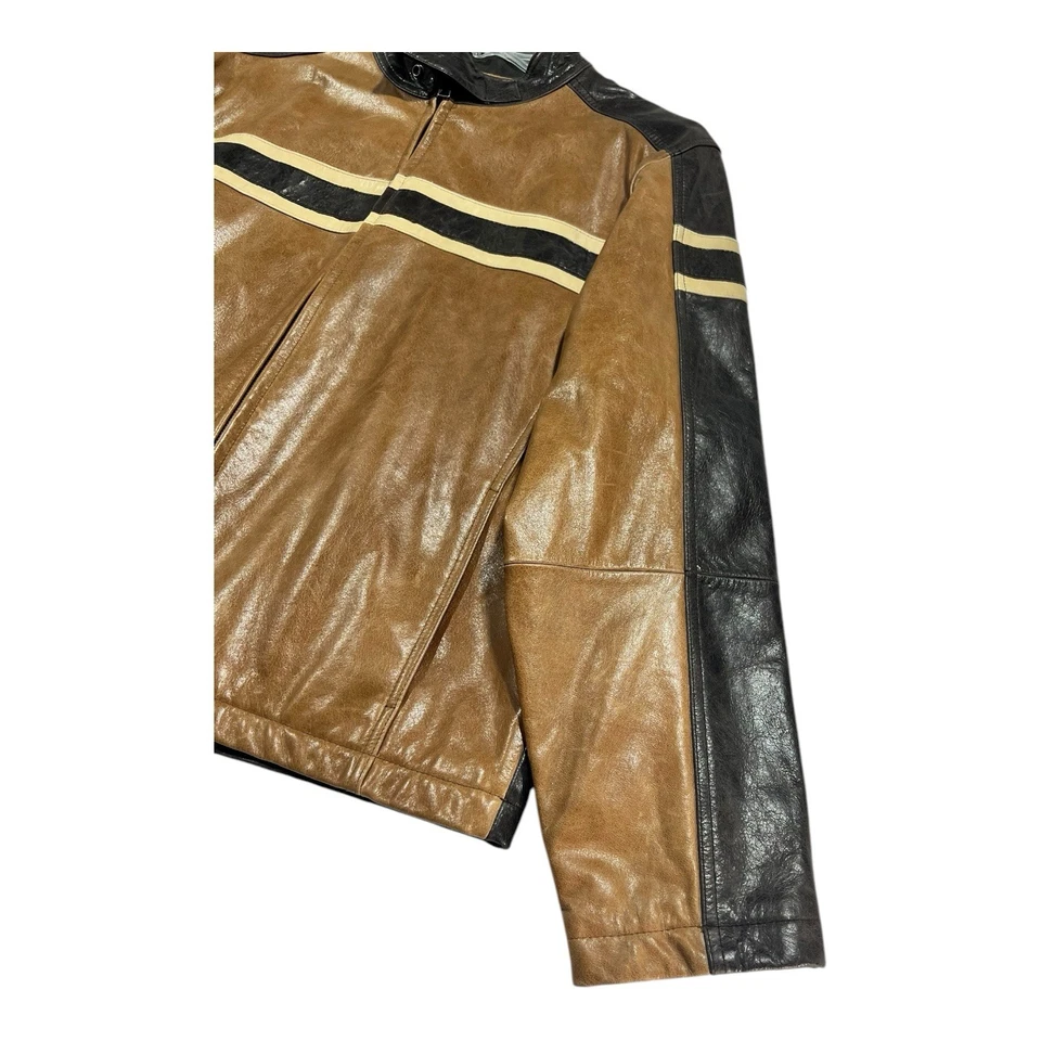 ROUNDTREE & YORKE Tan/DarkBrown Genuine Leather Jacket Satin Lined Front Zipper - Image 4 of 4