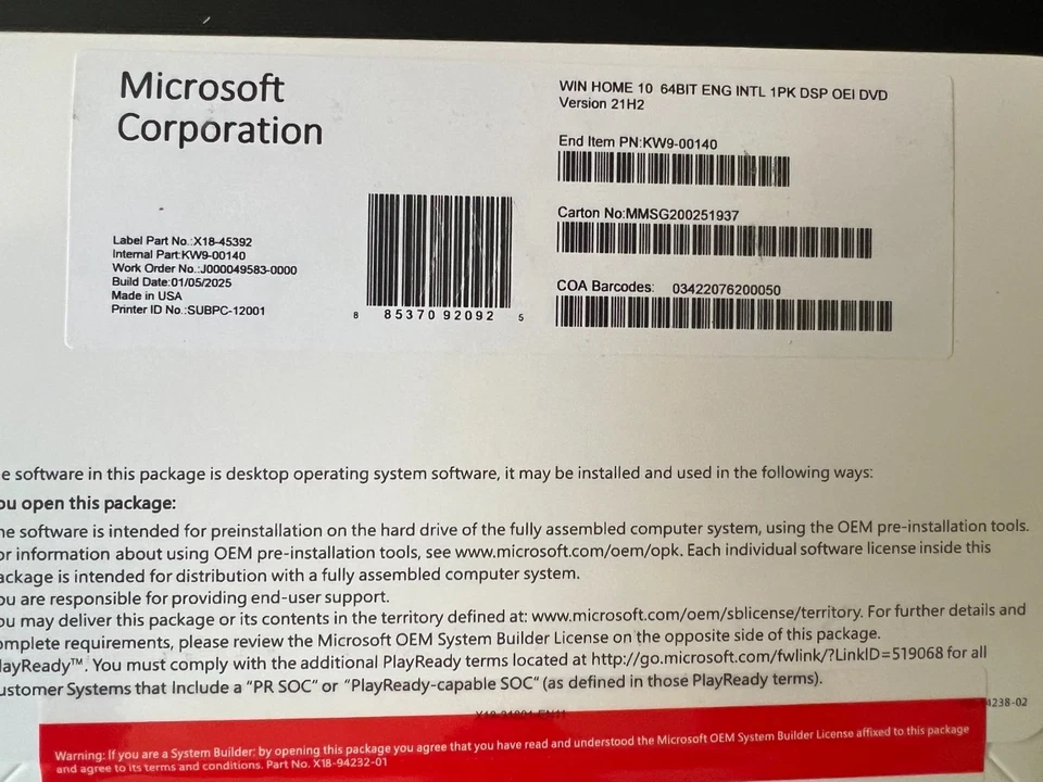 Win Home 10 64 Bit English INTL 1 PK DSP OEI DVD  Version 21H2-NEW SEALED - Image 2 of 3