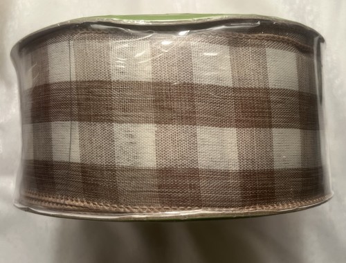 NEW Members Mark Premium Wired Ribbon. 2.5” x 50 Yards. White And Brown Checker - Picture 2 of 5