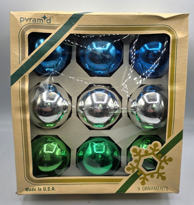 Vintage Pyramid Decorative Ornaments 9 Shiny Bright Christmas Original Box 2.5''