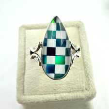 Dainty Aurora Opal 925 Sterling Silver Ring Opal Doublet Checkered Silver Ring